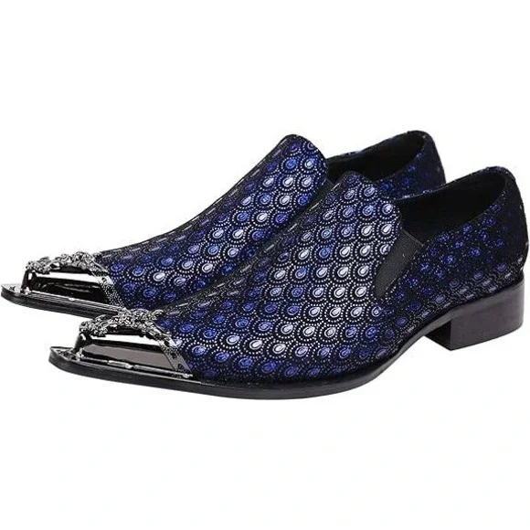 Santimon Men's US 9.5 Black/Blue Leather Metal Tip Western Loafers Dress Shoes
